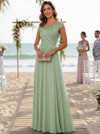 A-Line/Princess Scoop Neck Cap Sleeve Floor-Length Mother of the Bride Dresses with Lace Applique