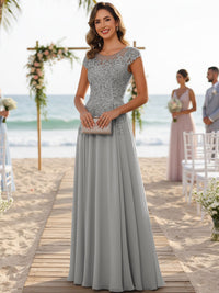 A-Line/Princess Scoop Neck Cap Sleeve Floor-Length Mother of the Bride Dresses with Lace Applique