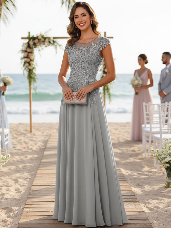 A-Line/Princess Scoop Neck Cap Sleeve Floor-Length Mother of the Bride Dresses with Lace Applique