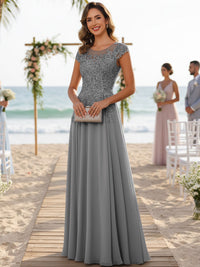 A-Line/Princess Scoop Neck Cap Sleeve Floor-Length Mother of the Bride Dresses with Lace Applique