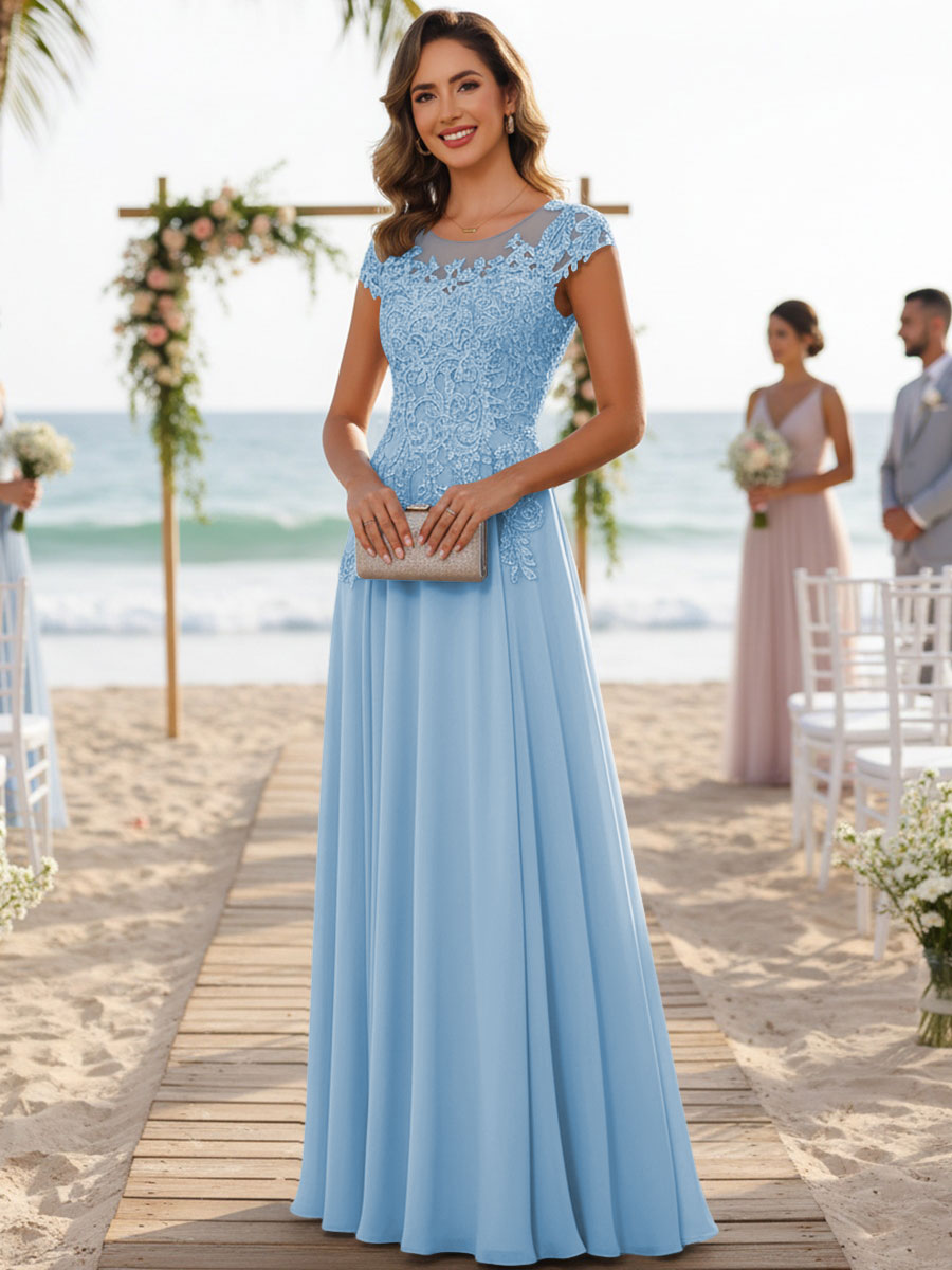 A-Line/Princess Scoop Neck Cap Sleeve Floor-Length Mother of the Bride Dresses with Lace Applique