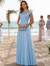 A-Line/Princess Scoop Neck Cap Sleeve Floor-Length Mother of the Bride Dresses with Lace Applique