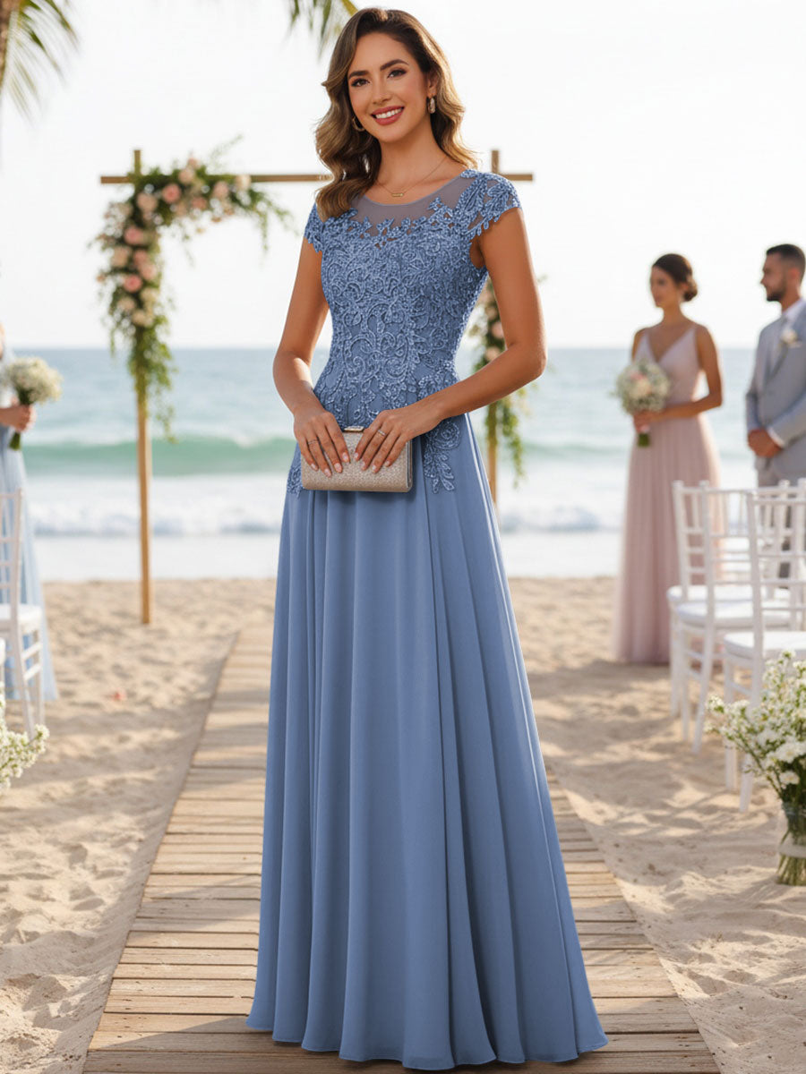 A-Line/Princess Scoop Neck Cap Sleeve Floor-Length Mother of the Bride Dresses with Lace Applique