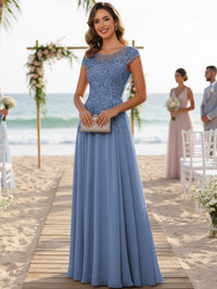 A-Line/Princess Scoop Neck Cap Sleeve Floor-Length Mother of the Bride Dresses with Lace Applique