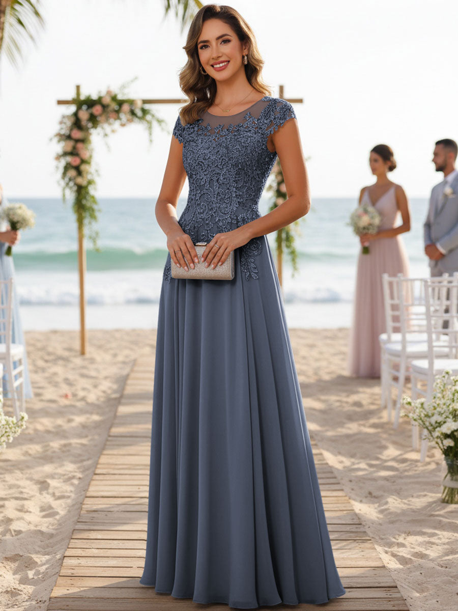 A-Line/Princess Scoop Neck Cap Sleeve Floor-Length Mother of the Bride Dresses with Lace Applique