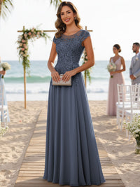 A-Line/Princess Scoop Neck Cap Sleeve Floor-Length Mother of the Bride Dresses with Lace Applique