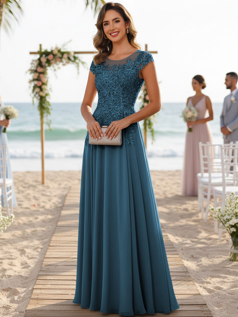 A-Line/Princess Scoop Neck Cap Sleeve Floor-Length Mother of the Bride Dresses with Lace Applique