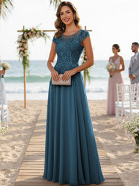 A-Line/Princess Scoop Neck Cap Sleeve Floor-Length Mother of the Bride Dresses with Lace Applique