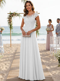 A-Line/Princess Scoop Neck Cap Sleeve Floor-Length Mother of the Bride Dresses with Lace Applique