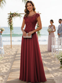 A-Line/Princess Scoop Neck Cap Sleeve Floor-Length Mother of the Bride Dresses with Lace Applique