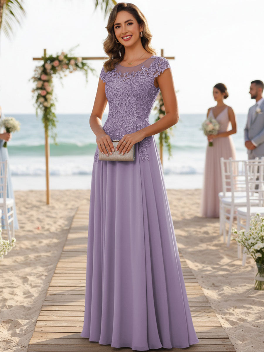 A-Line/Princess Scoop Neck Cap Sleeve Floor-Length Mother of the Bride Dresses with Lace Applique