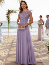 A-Line/Princess Scoop Neck Cap Sleeve Floor-Length Mother of the Bride Dresses with Lace Applique