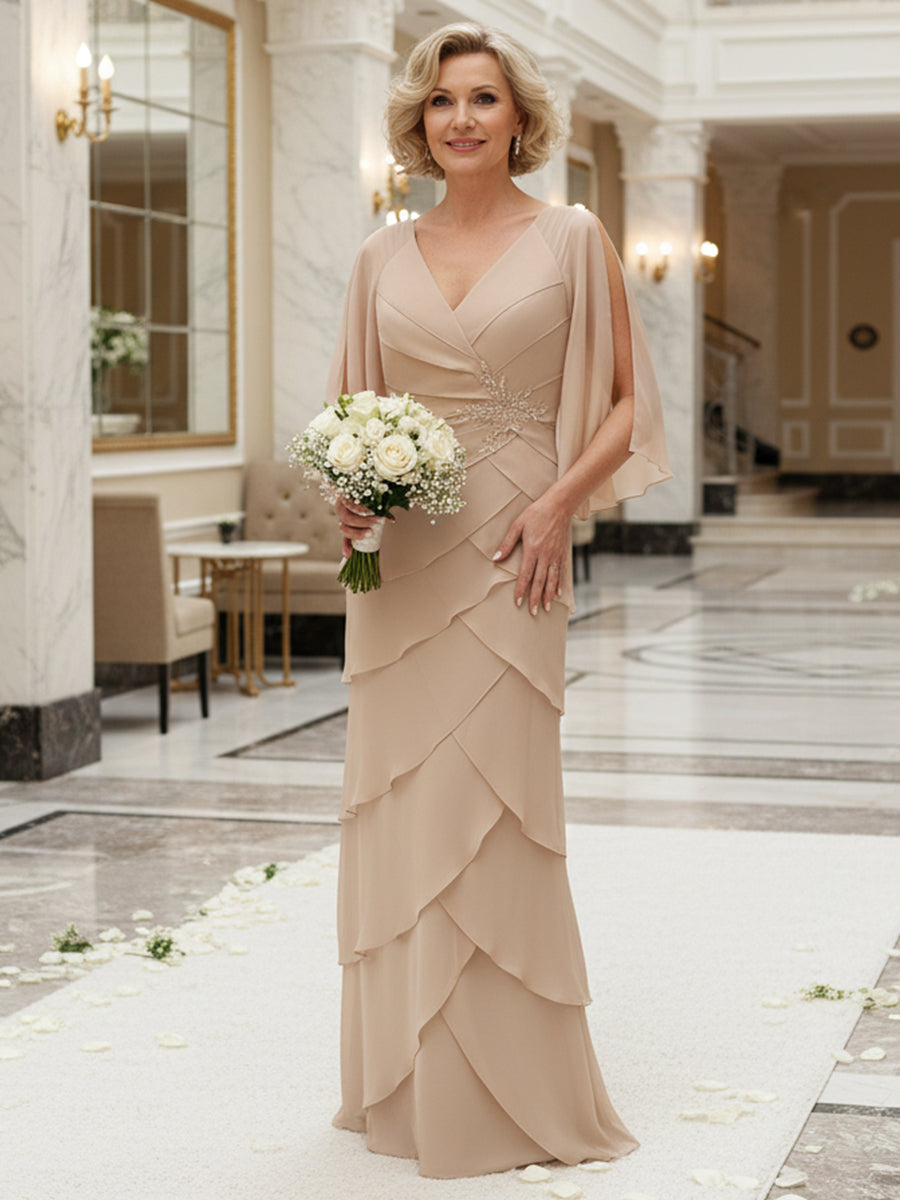Sheath/Column V Neck Tiered Floor-Length Mother of the Bride Dresses with Lace Applique