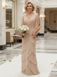 Sheath/Column V Neck Tiered Floor-Length Mother of the Bride Dresses with Lace Applique