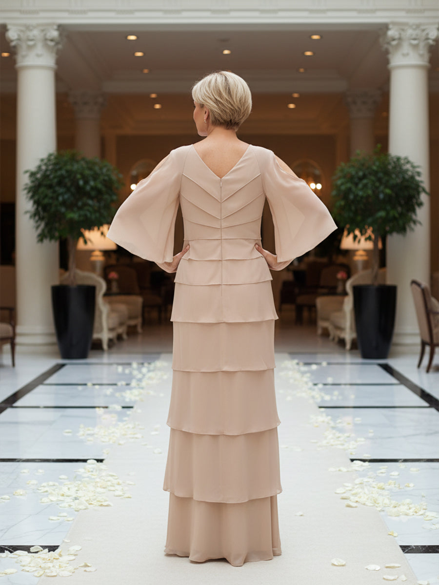 Sheath/Column V Neck Tiered Floor-Length Mother of the Bride Dresses with Lace Applique