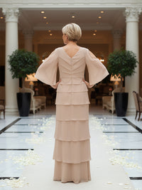 Sheath/Column V Neck Tiered Floor-Length Mother of the Bride Dresses with Lace Applique