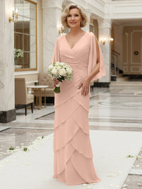 Sheath/Column V Neck Tiered Floor-Length Mother of the Bride Dresses with Lace Applique