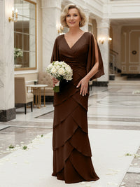 Sheath/Column V Neck Tiered Floor-Length Mother of the Bride Dresses with Lace Applique