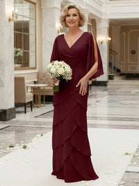 Sheath/Column V Neck Tiered Floor-Length Mother of the Bride Dresses with Lace Applique