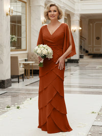 Sheath/Column V Neck Tiered Floor-Length Mother of the Bride Dresses with Lace Applique