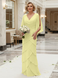 Sheath/Column V Neck Tiered Floor-Length Mother of the Bride Dresses with Lace Applique