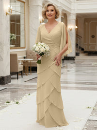 Sheath/Column V Neck Tiered Floor-Length Mother of the Bride Dresses with Lace Applique