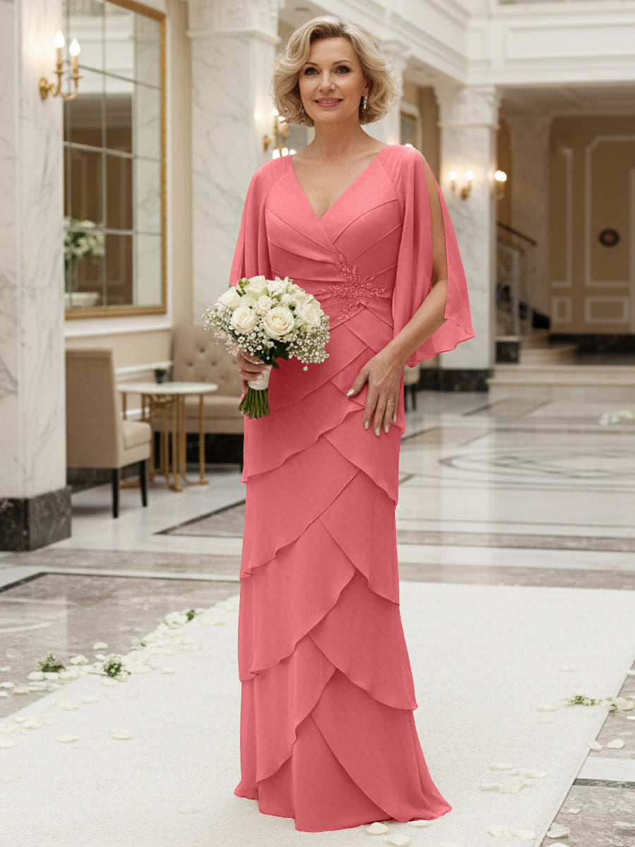 Sheath/Column V Neck Tiered Floor-Length Mother of the Bride Dresses with Lace Applique