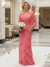 Sheath/Column V Neck Tiered Floor-Length Mother of the Bride Dresses with Lace Applique