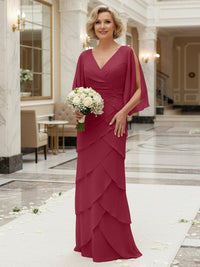 Sheath/Column V Neck Tiered Floor-Length Mother of the Bride Dresses with Lace Applique