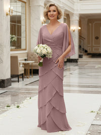 Sheath/Column V Neck Tiered Floor-Length Mother of the Bride Dresses with Lace Applique