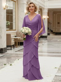 Sheath/Column V Neck Tiered Floor-Length Mother of the Bride Dresses with Lace Applique