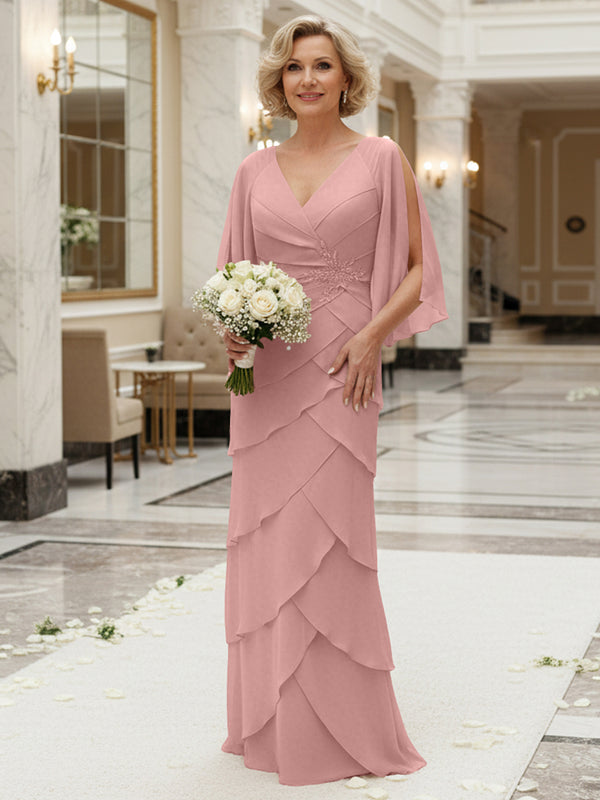 Sheath/Column V Neck Tiered Floor-Length Mother of the Bride Dresses with Lace Applique