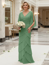 Sheath/Column V Neck Tiered Floor-Length Mother of the Bride Dresses with Lace Applique