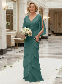 Sheath/Column V Neck Tiered Floor-Length Mother of the Bride Dresses with Lace Applique