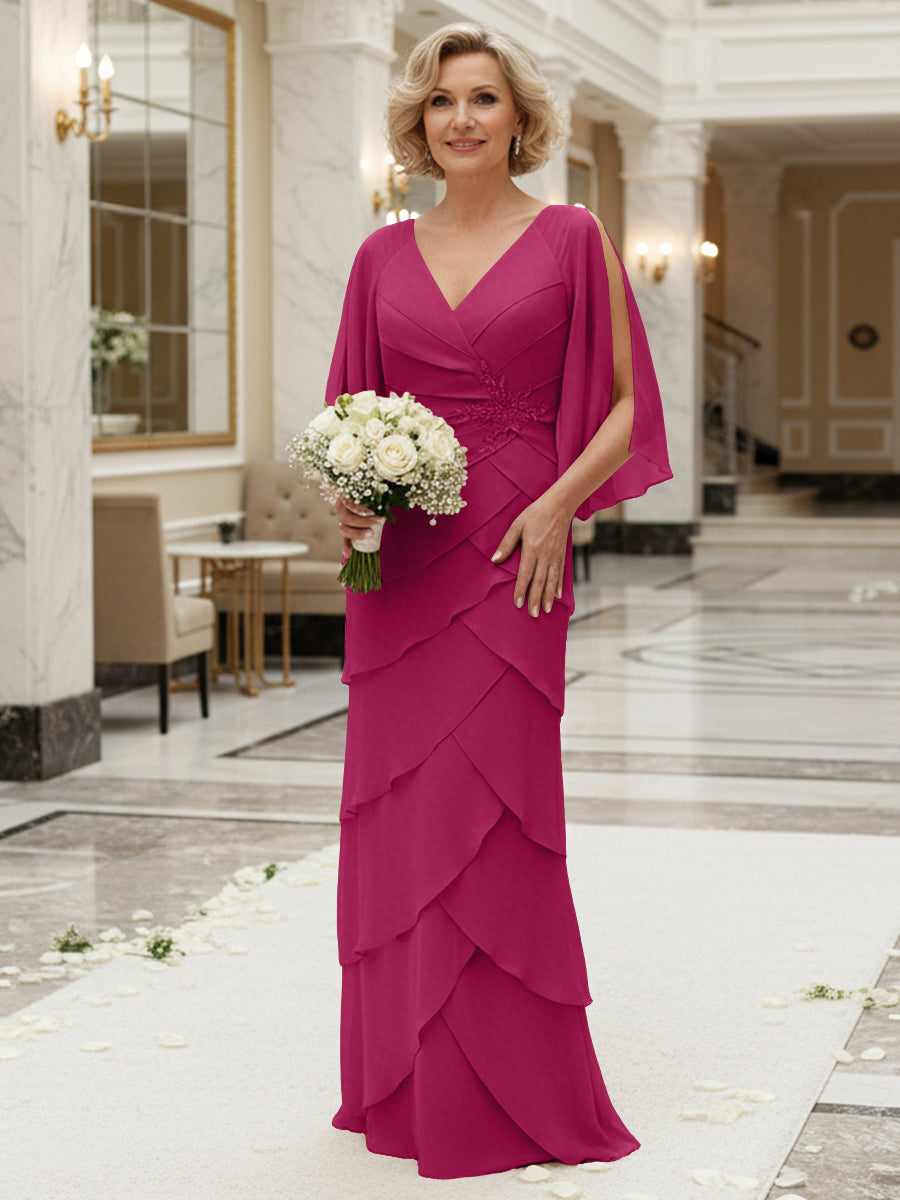 Sheath/Column V Neck Tiered Floor-Length Mother of the Bride Dresses with Lace Applique