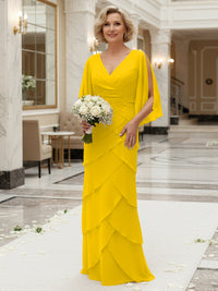 Sheath/Column V Neck Tiered Floor-Length Mother of the Bride Dresses with Lace Applique