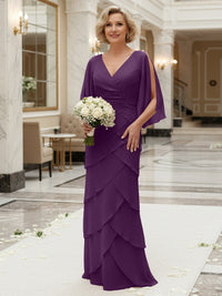 Sheath/Column V Neck Tiered Floor-Length Mother of the Bride Dresses with Lace Applique