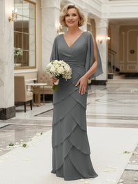 Sheath/Column V Neck Tiered Floor-Length Mother of the Bride Dresses with Lace Applique