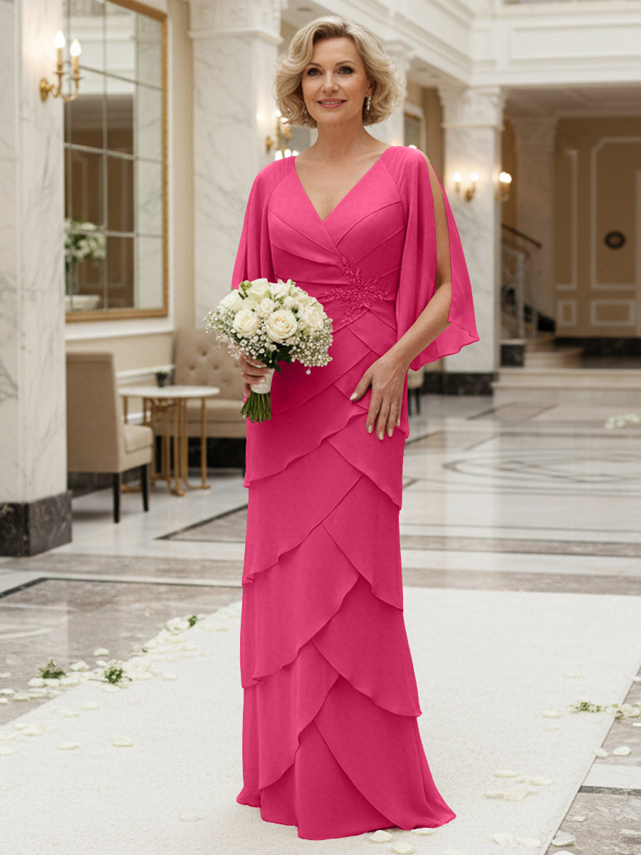 Sheath/Column V Neck Tiered Floor-Length Mother of the Bride Dresses with Lace Applique