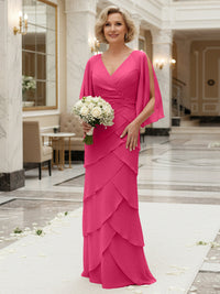 Sheath/Column V Neck Tiered Floor-Length Mother of the Bride Dresses with Lace Applique