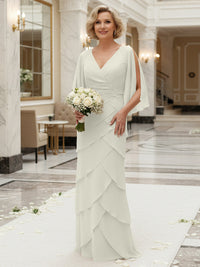 Sheath/Column V Neck Tiered Floor-Length Mother of the Bride Dresses with Lace Applique