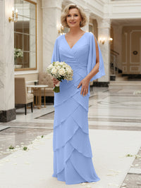 Sheath/Column V Neck Tiered Floor-Length Mother of the Bride Dresses with Lace Applique