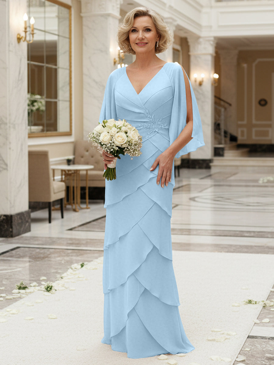 Sheath/Column V Neck Tiered Floor-Length Mother of the Bride Dresses w – Shirees