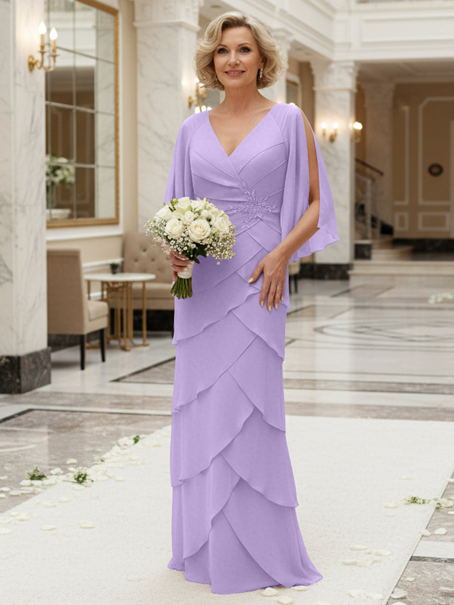 Sheath/Column V Neck Tiered Floor-Length Mother of the Bride Dresses with Lace Applique