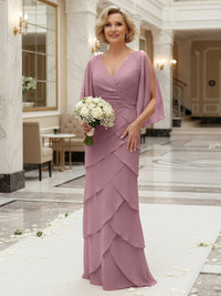 Sheath/Column V Neck Tiered Floor-Length Mother of the Bride Dresses with Lace Applique