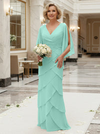 Sheath/Column V Neck Tiered Floor-Length Mother of the Bride Dresses with Lace Applique