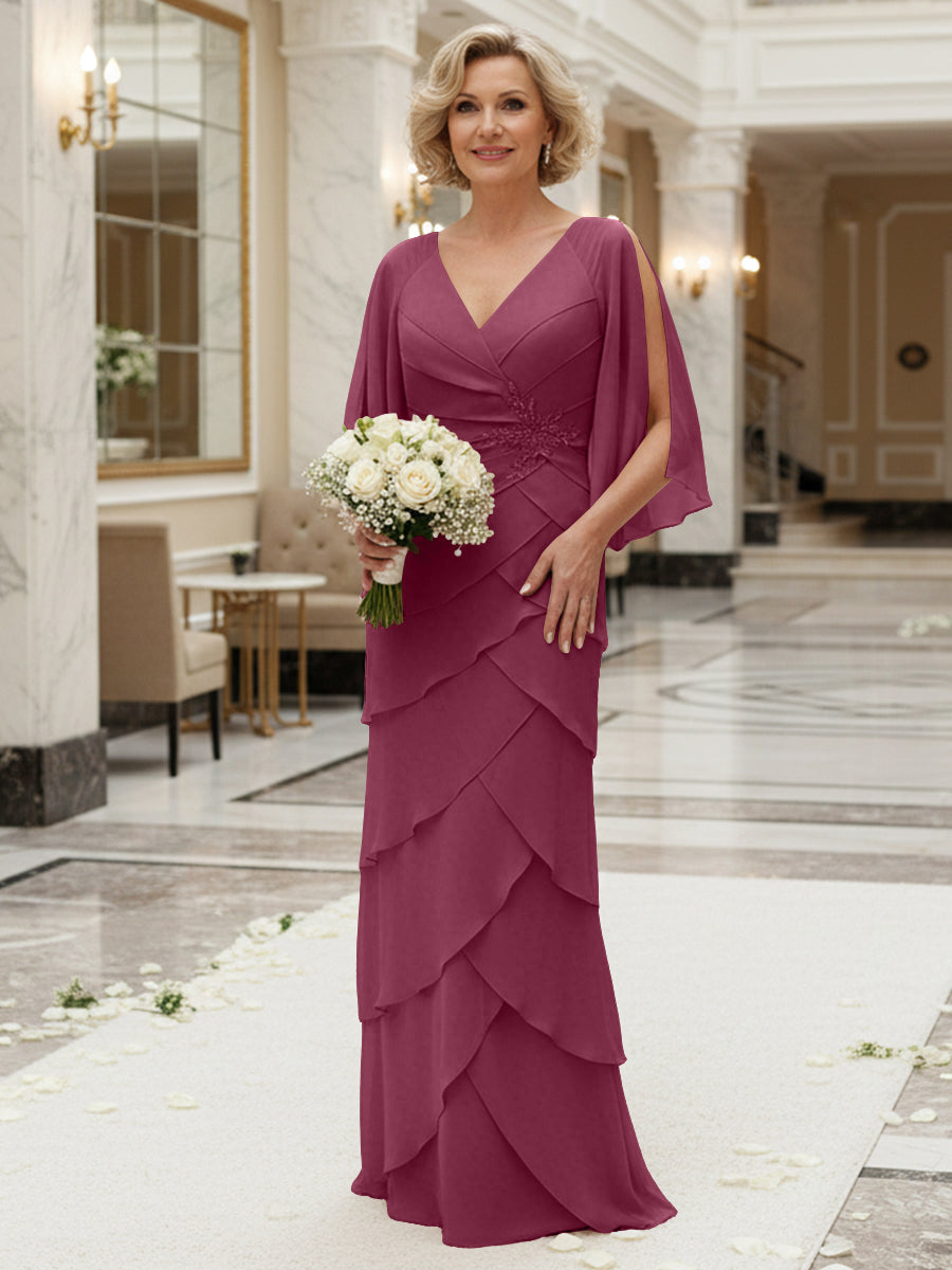 Sheath/Column V Neck Tiered Floor-Length Mother of the Bride Dresses with Lace Applique