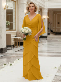 Sheath/Column V Neck Tiered Floor-Length Mother of the Bride Dresses with Lace Applique