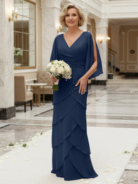 Sheath/Column V Neck Tiered Floor-Length Mother of the Bride Dresses with Lace Applique