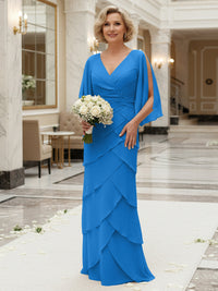 Sheath/Column V Neck Tiered Floor-Length Mother of the Bride Dresses with Lace Applique